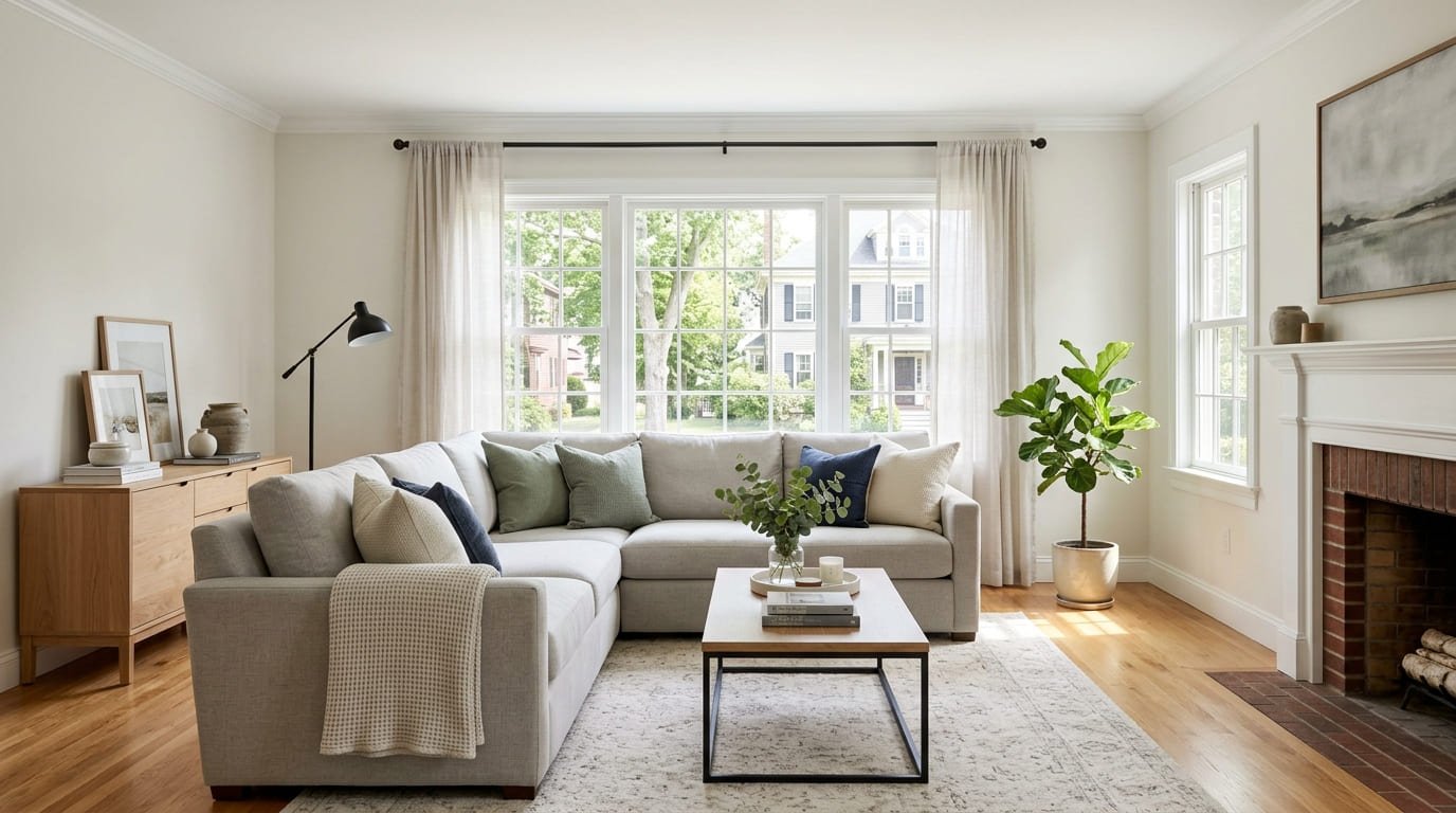 Professional cleaning service technicians maintaining a pristine living room in Lowell, MA by Carla's Cleaning.