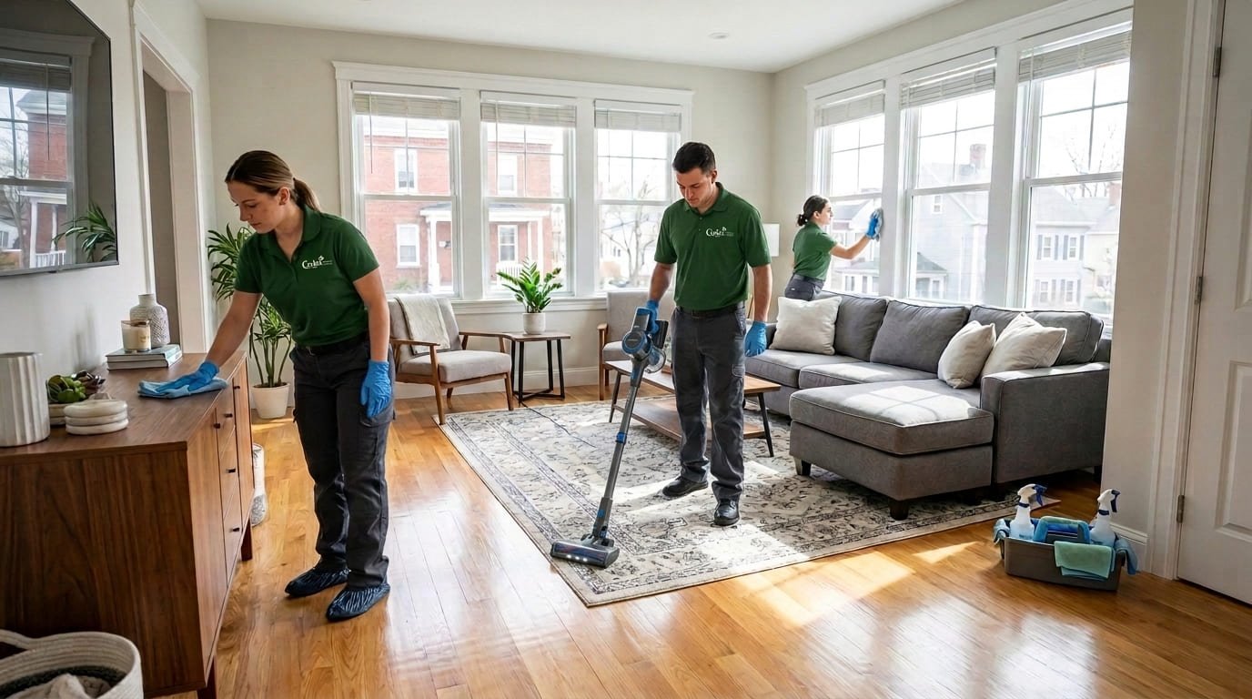 Professional cleaning team performing standard house cleaning services for a spotless living room in Lowell MA by Carlas Cleaning