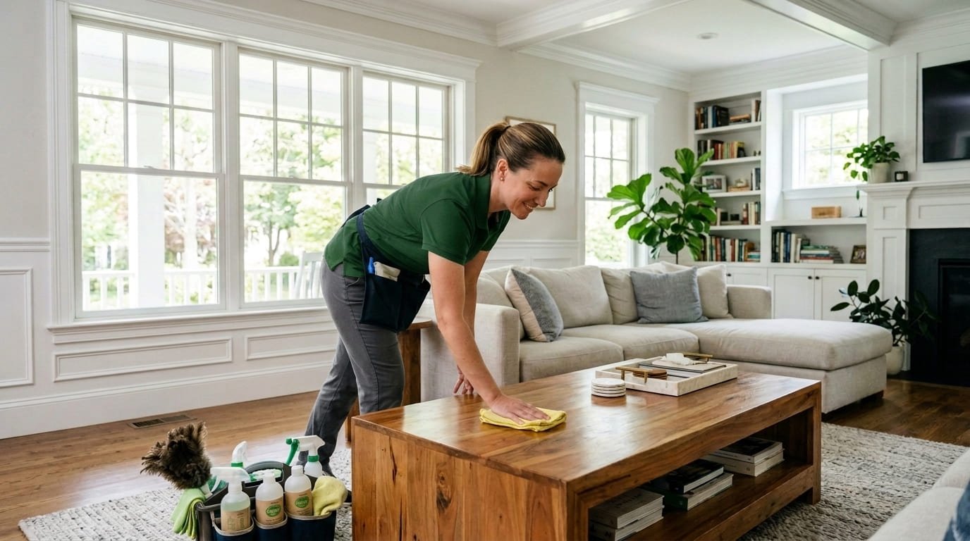 Professional house cleaner from Carlas Cleaning dusting a pristine living room in Lowell MA